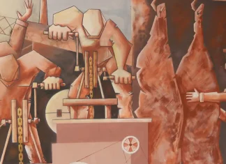 Meat processing, as depicted in a Fray Bentos mural in Uruguay.