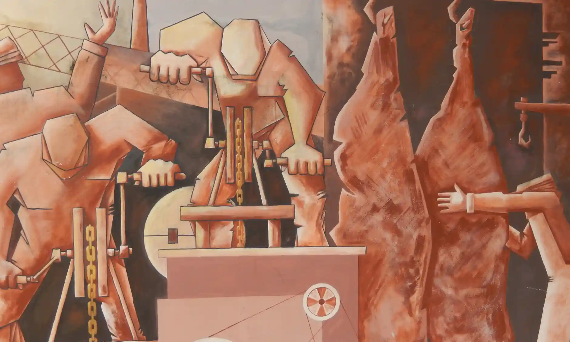 46081 Meat processing, as depicted in a Fray Bentos mural in Uruguay.